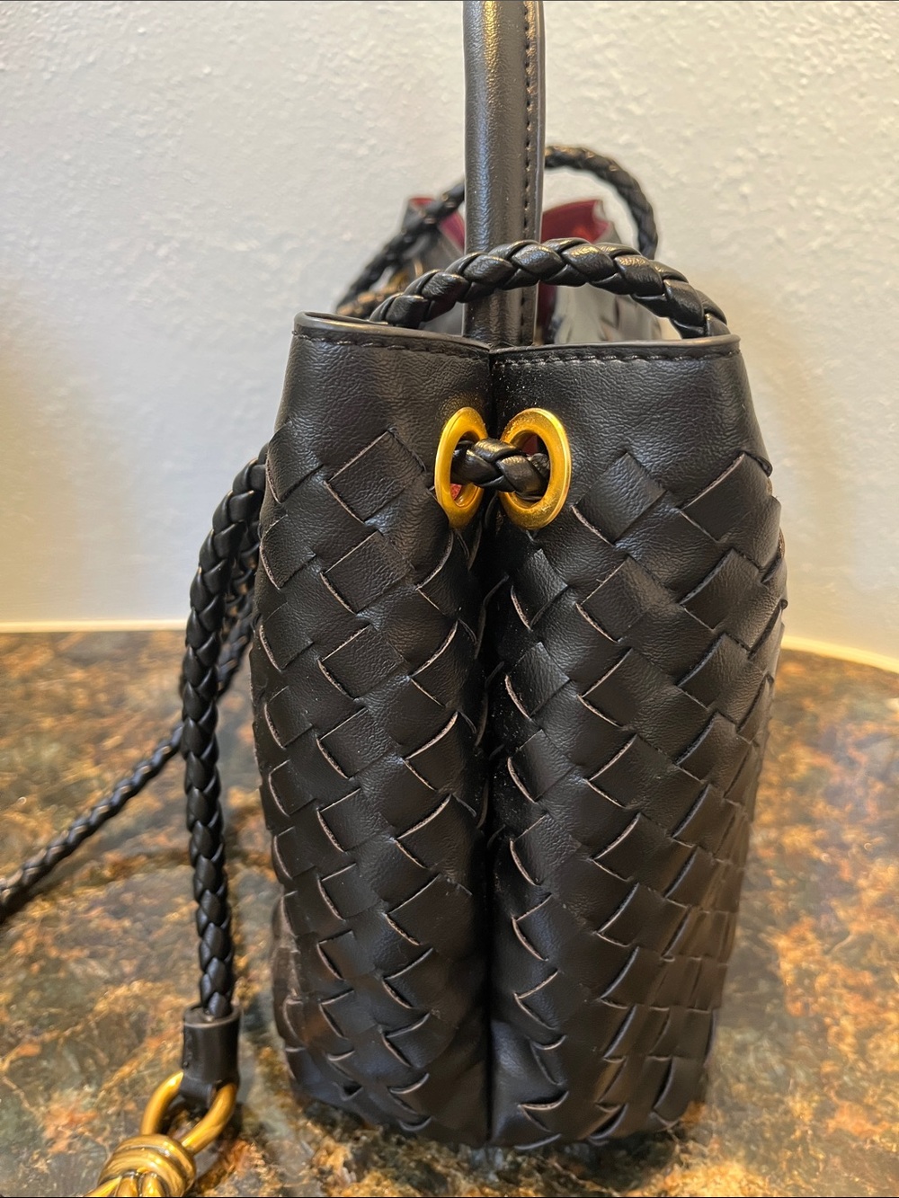Black Woven Leather Shoulder Tote with Braided Strap and Gold Accent - Picture 2 of 6